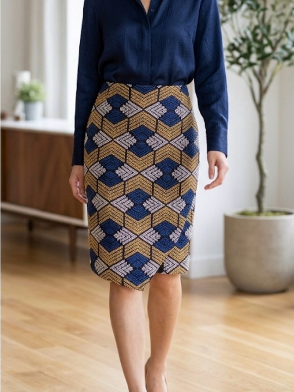 Anthropologie Maeve Geometric Pencil Skirt in Navy, Gold & White